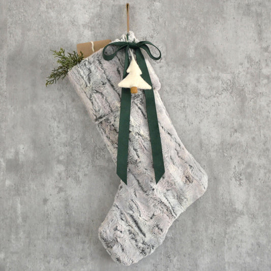Gray Faux Fur Christmas Stocking with Velvet Bow and Felt Christmas Tree