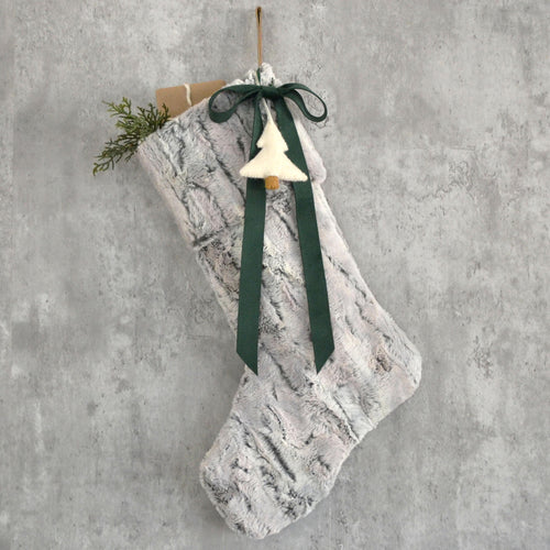 Gray Faux Fur Christmas Stocking with Velvet Bow and Felt Christmas Tree | Cozy Fur Stocking for Him | Family Christmas Stocking Heirloom