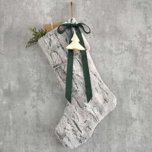 Gray Faux Fur Christmas Stocking with Velvet Bow and Felt Christmas Tree | Cozy Fur Stocking for Him | Family Christmas Stocking Heirloom