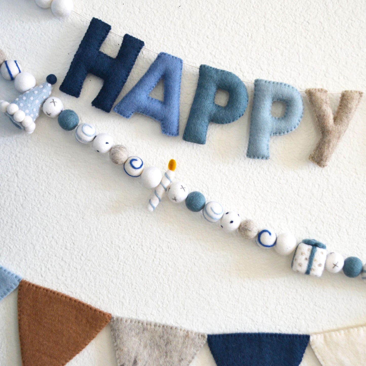 Blue Happy Birthday Banner or Felt Party Hat, Git & Candle Felt Garland or Pennant Flag Banner