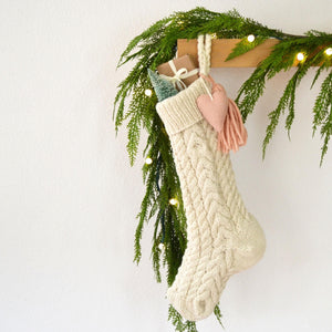 Cable Knit Christmas Stocking - Hand Knit Ivory Wool with Tassel & Felt Heart