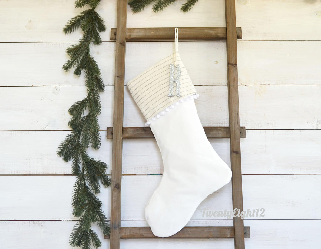 Personalized Velvet Christmas Stocking - Ivory & Gray Pinstripe with Pom Pom Trim