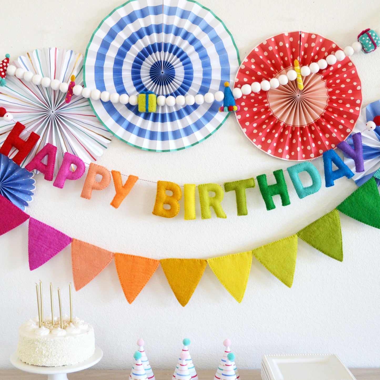 Hat Gift & Candle Felt Ball Garland, Happy Birthday Banner and Rainbow Felt Pennant Flags Bundle