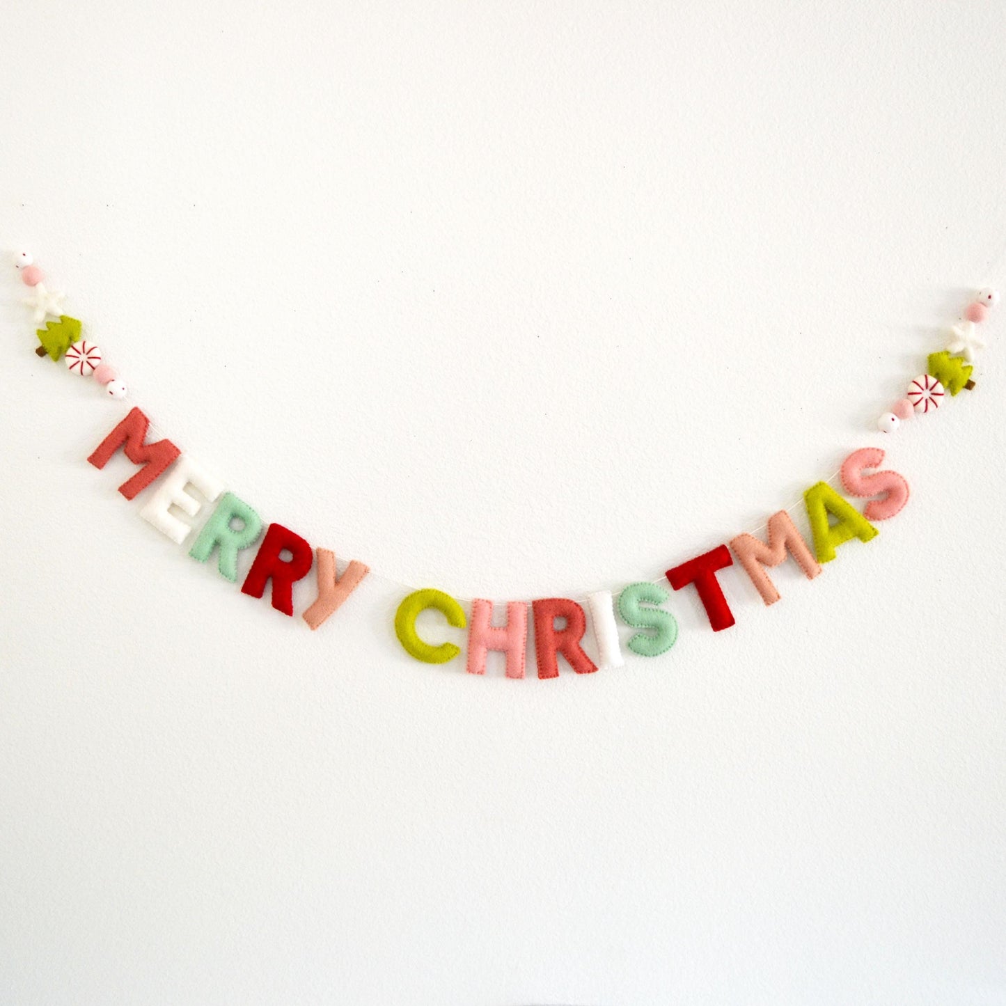 Merry Christmas Felt Banner with Wool Christmas Tree, Peppermint and Star
