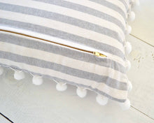 Gray and White Striped Pillow Cover with Large White Pom Poms-12" x 20"- Striped Pom Pom Pillow Cover, Decorative Pillow, White Pom Pillow