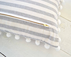 Gray and White Striped Pillow Cover with Large White Pom Poms-12" x 20"- Striped Pom Pom Pillow Cover, Decorative Pillow, White Pom Pillow