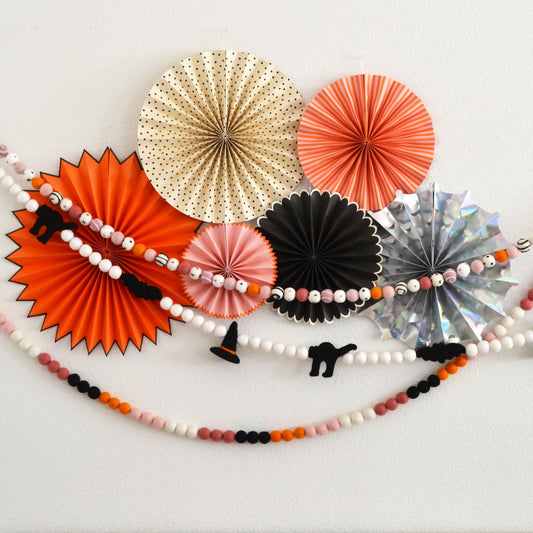 Halloween Felt Garland - Choice of Colorful Felt Ball Garland or Hat, Cat and Bat Garland or Pink, Orange, White & Black Ombre Felt Ball Garland