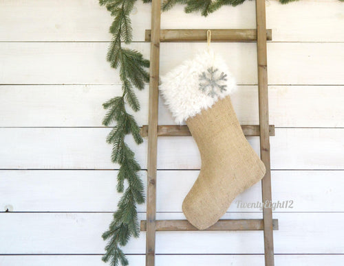 Ivory Faux Fur Burlap Stocking -  Stocking, Ivory Fur Stocking, Christmas Stocking, Children's Stocking, Kids Stocking, Burlap Stocking