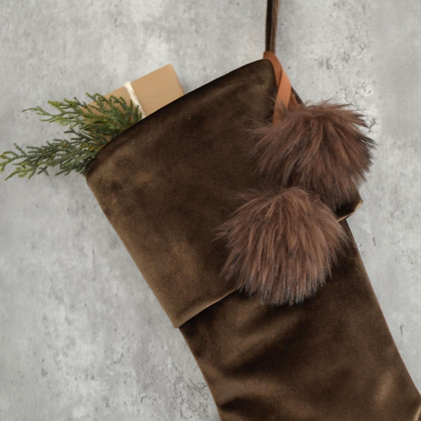 Personalized Brown Velvet Christmas Stocking | Masculine Rustic Holiday Decor | Modern Luxe Christmas Stocking