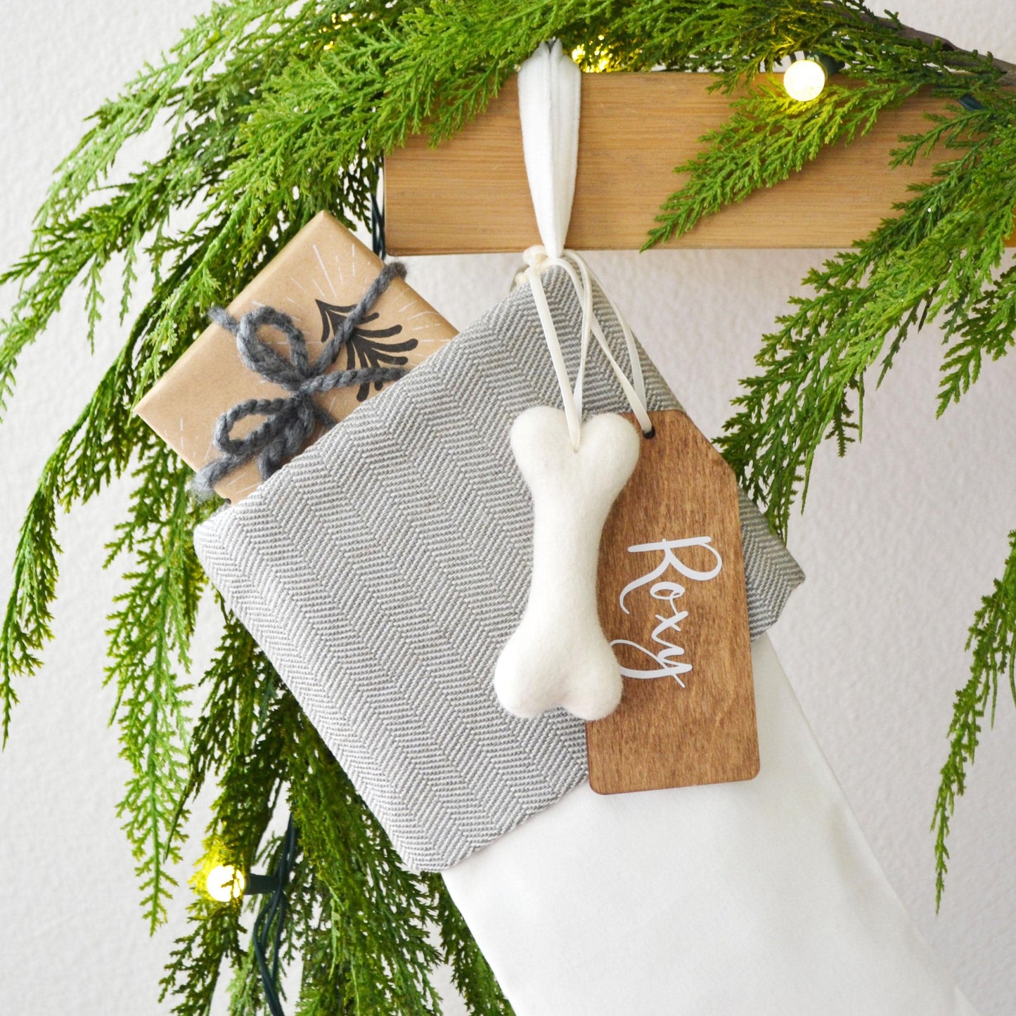 Personalized Christmas Stocking | Light Gray & White Herringbone Velvet Stocking | Family Stockings | Holiday Decor | Velvet Stocking