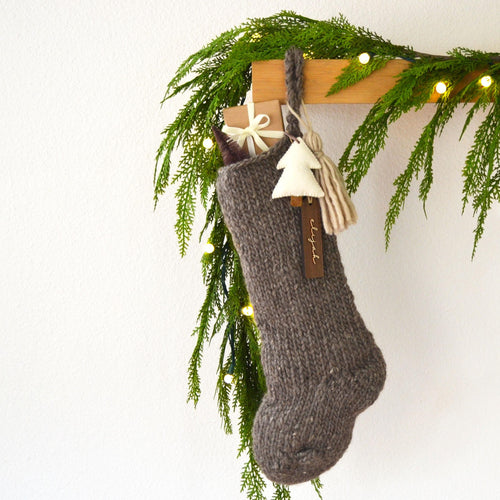 Hand Knit Chunky Wool Christmas Stocking with Wool Tassel & Felt Tree | Knitted Brown Chunky Christmas Stocking (Name Tag NOT included)