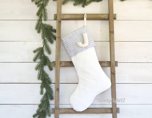 Christmas Stockings -Personalized Christmas Stocking, Christmas Decor, White Christmas Stocking, Velvet Stocking, Gray Stripe Stocking