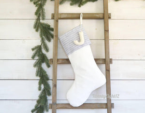 Christmas Stockings -Personalized Christmas Stocking, Christmas Decor, White Christmas Stocking, Velvet Stocking, Gray Stripe Stocking
