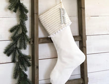 Personalized Velvet Christmas Stocking - Ivory & Gray Pinstripe with Pom Pom Trim