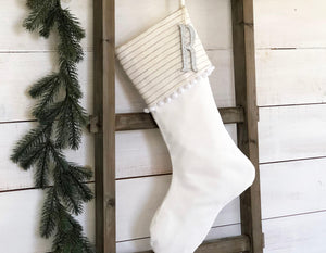 Personalized Velvet Christmas Stocking - Ivory & Gray Pinstripe with Pom Pom Trim