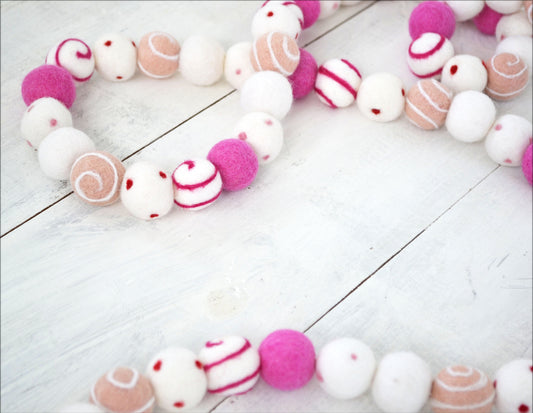 Valentines Garland - Valentines Swirl Felt Ball Garland, Felt Ball Garland, Pink Felt Ball Garland, Pink Felt Balls, Valentines Decor
