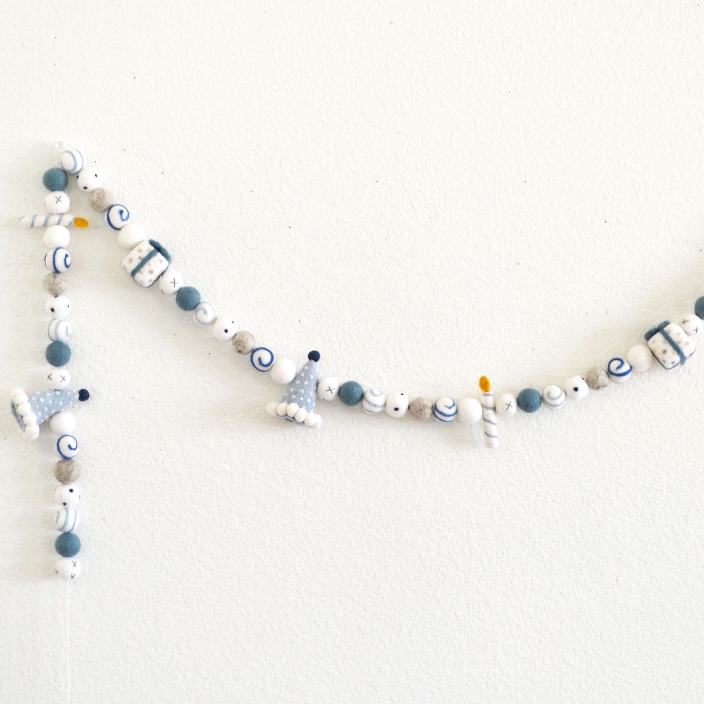 Blue Birthday Party Hat, Gift & Candle Felt Ball Garland