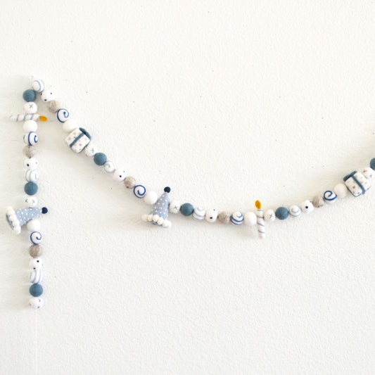 Blue Birthday Party Hat, Gift & Candle Felt Ball Garland