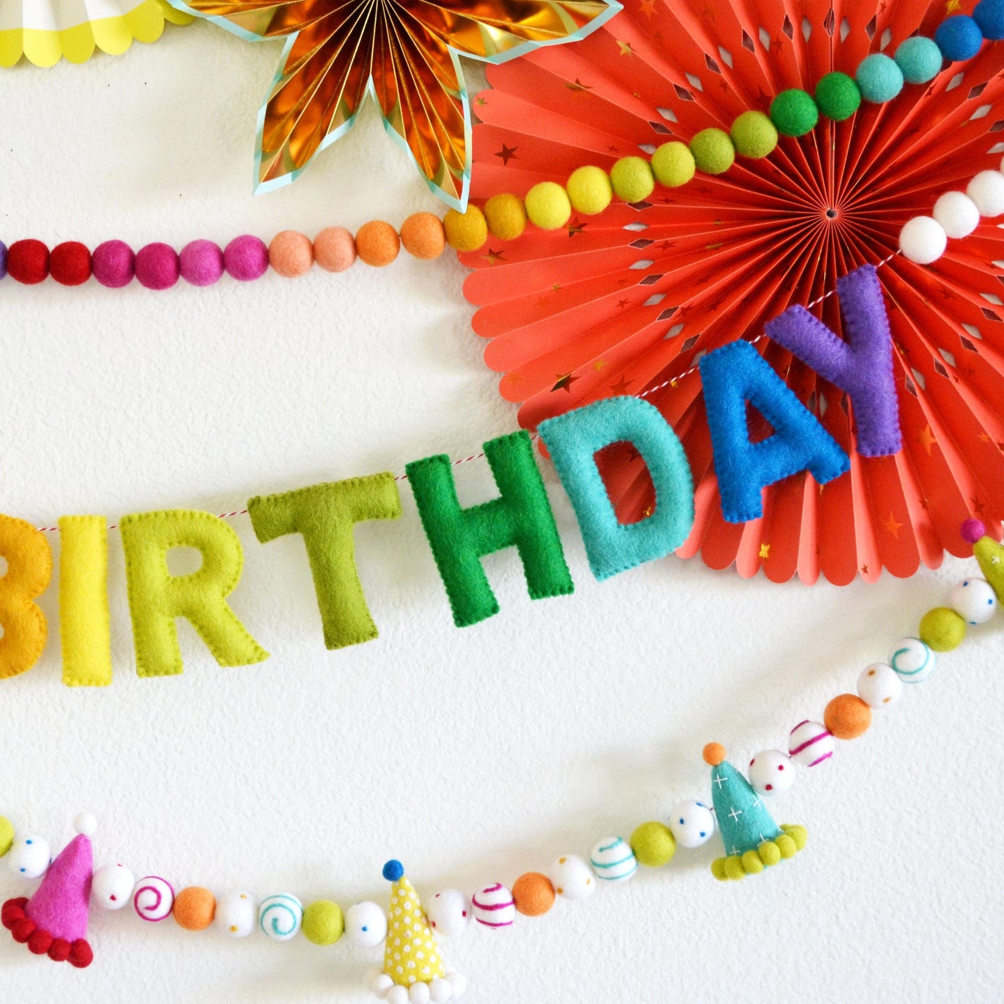 Rainbow Ombré Felt Garland, Happy Birthday Banner and Party Hat Felt Ball Garland Bundle