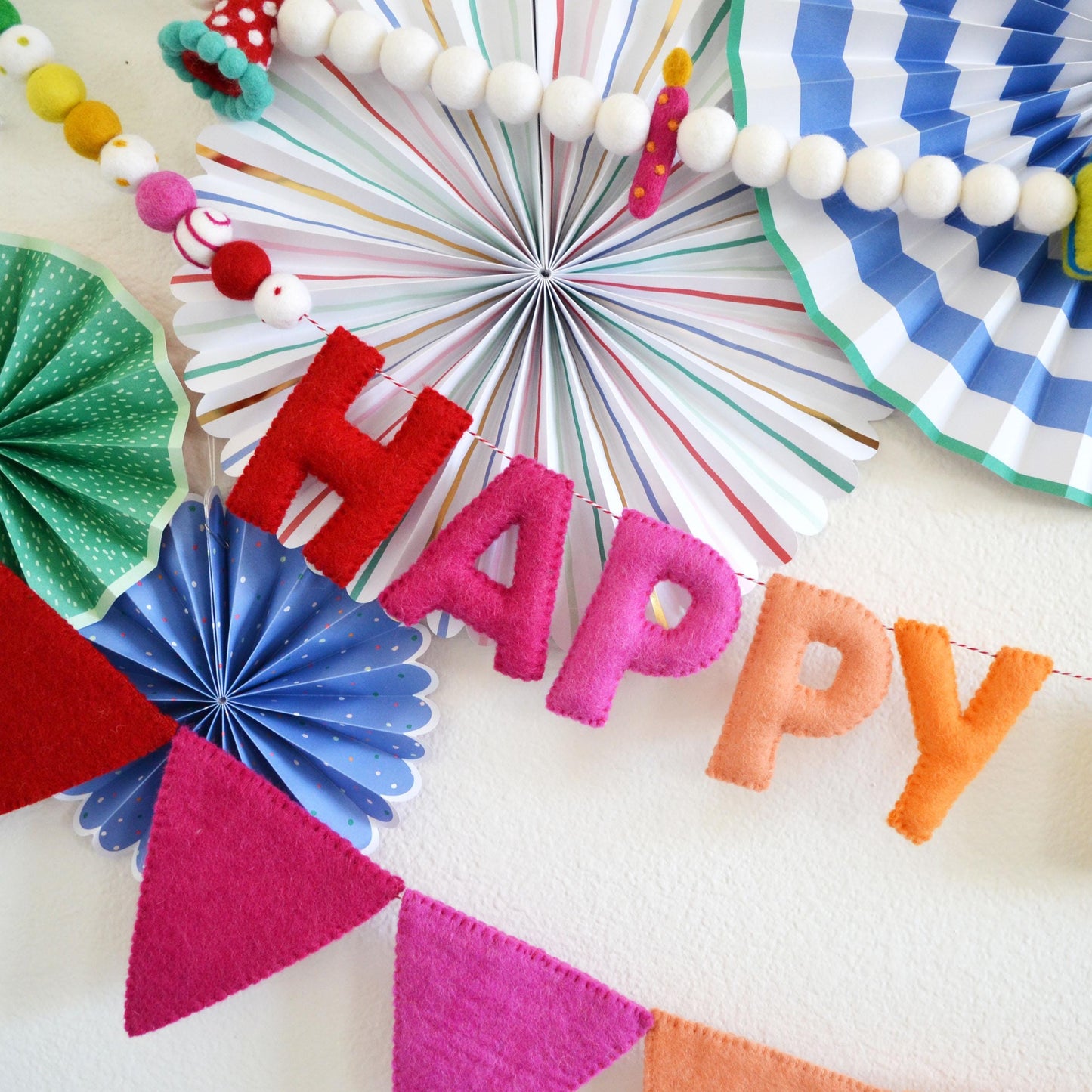 Hat Gift & Candle Felt Ball Garland, Happy Birthday Banner and Rainbow Felt Pennant Flags Bundle