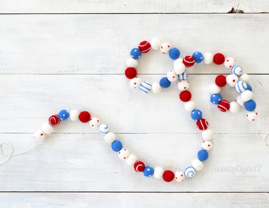 4th of July Felt Ball Garland - Red, White & Blue