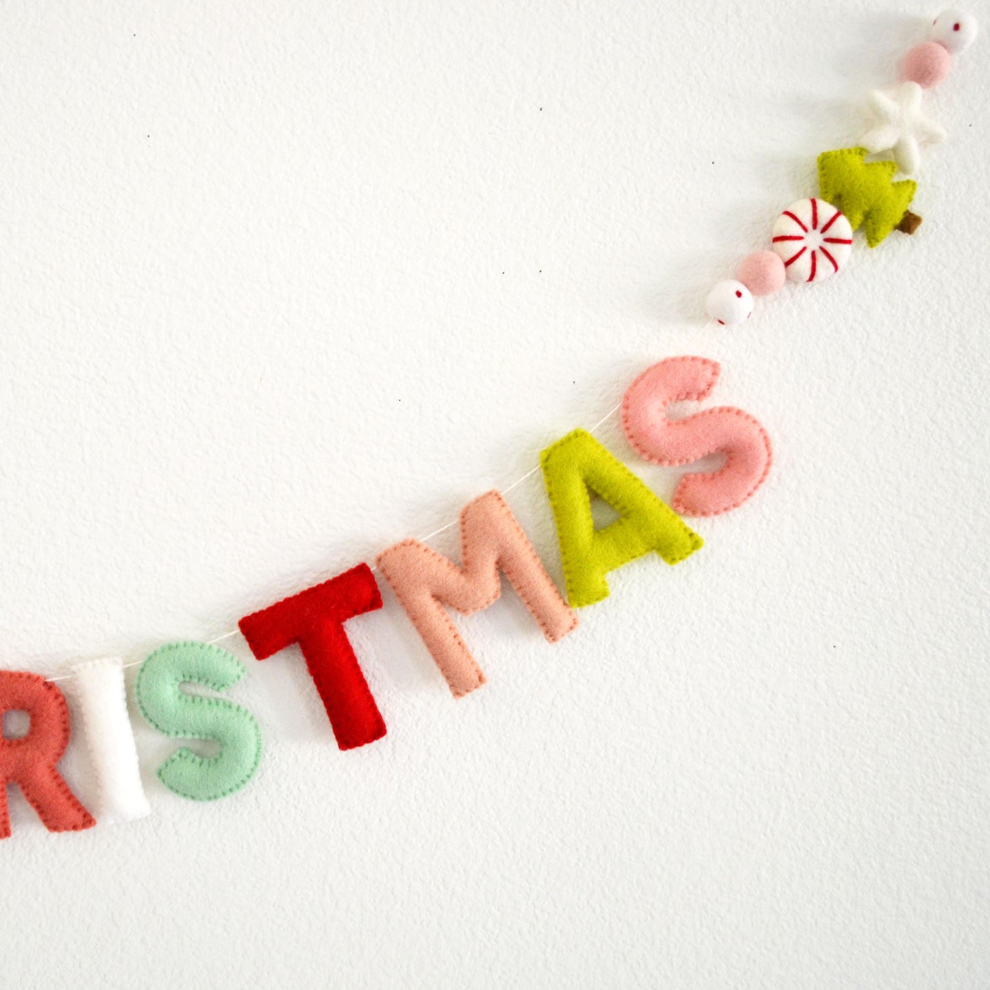 Merry Christmas Felt Banner with Wool Christmas Tree, Peppermint and Star