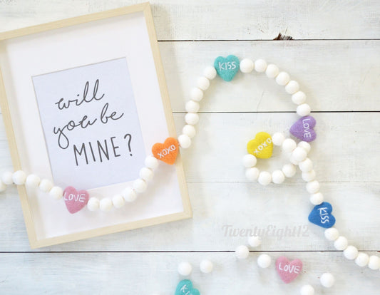 Heart Felt Ball Garland - Valentines Day Felt Garland, Felt Ball Garland, Conversation Heart Garland, Valentines Day Felt Ball Garland