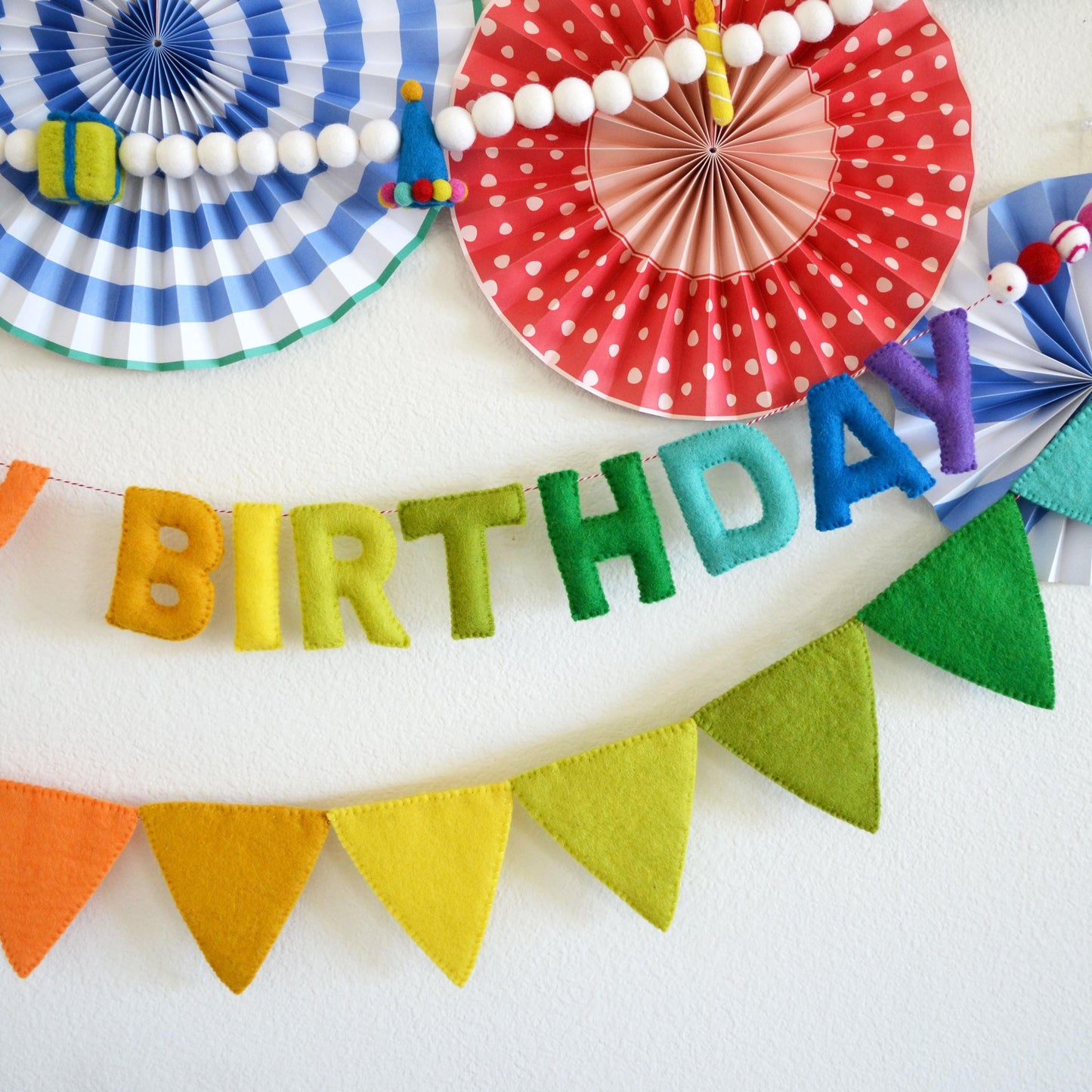 Hat Gift & Candle Felt Ball Garland, Happy Birthday Banner and Rainbow Felt Pennant Flags Bundle