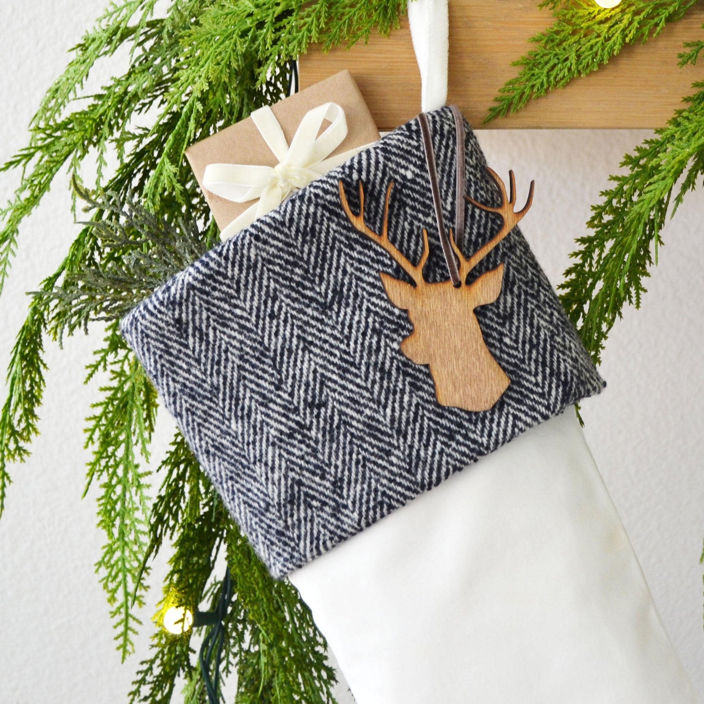 Personalized Christmas Stocking | Black and White Herringbone Velvet Stocking |  Rustic Holiday Decor | Masculine Stocking | Boys Stockings