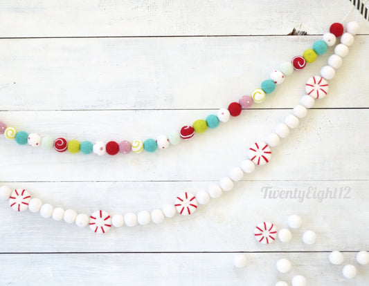 Christmas Felt Garland - Choice of Colorful Felt Balls or Peppermints with White Balls