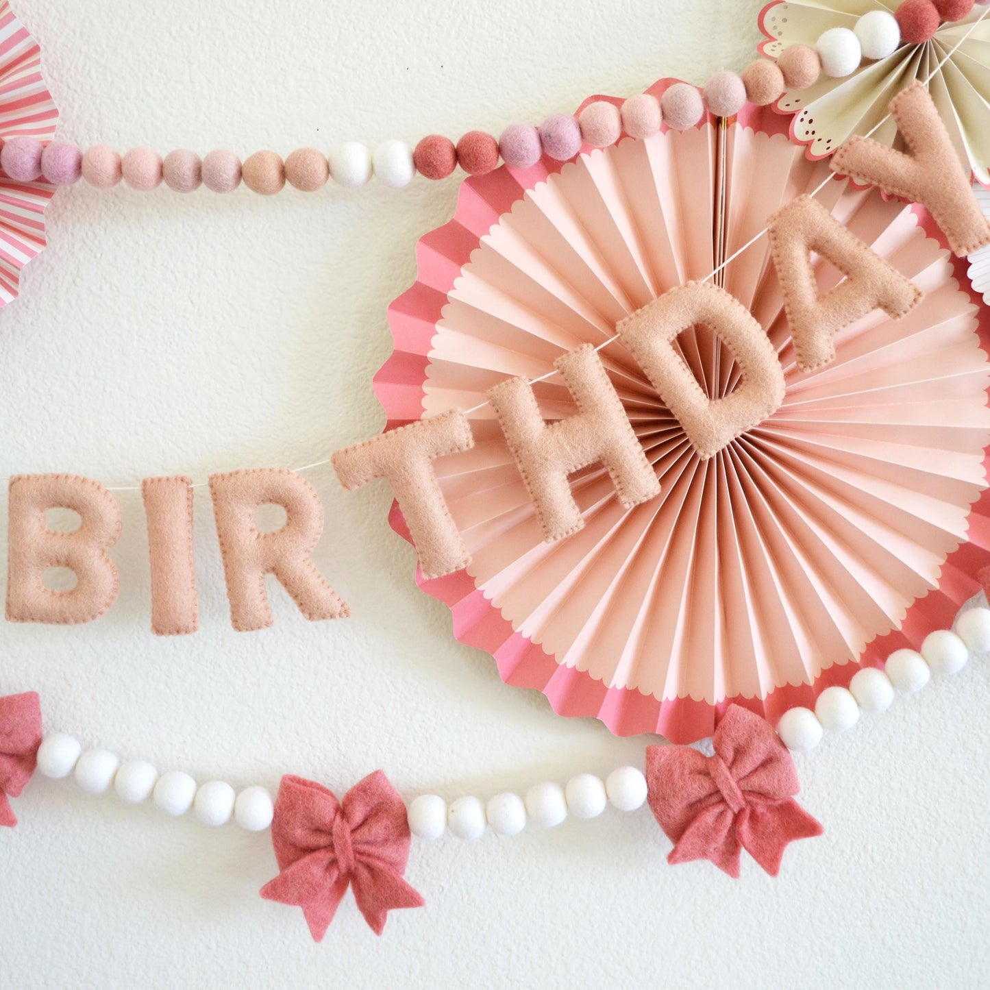 Pink Ombré Felt Ball Garland or Blush Pink Happy Birthday Banner or Rose Pink Felt Bows Garland