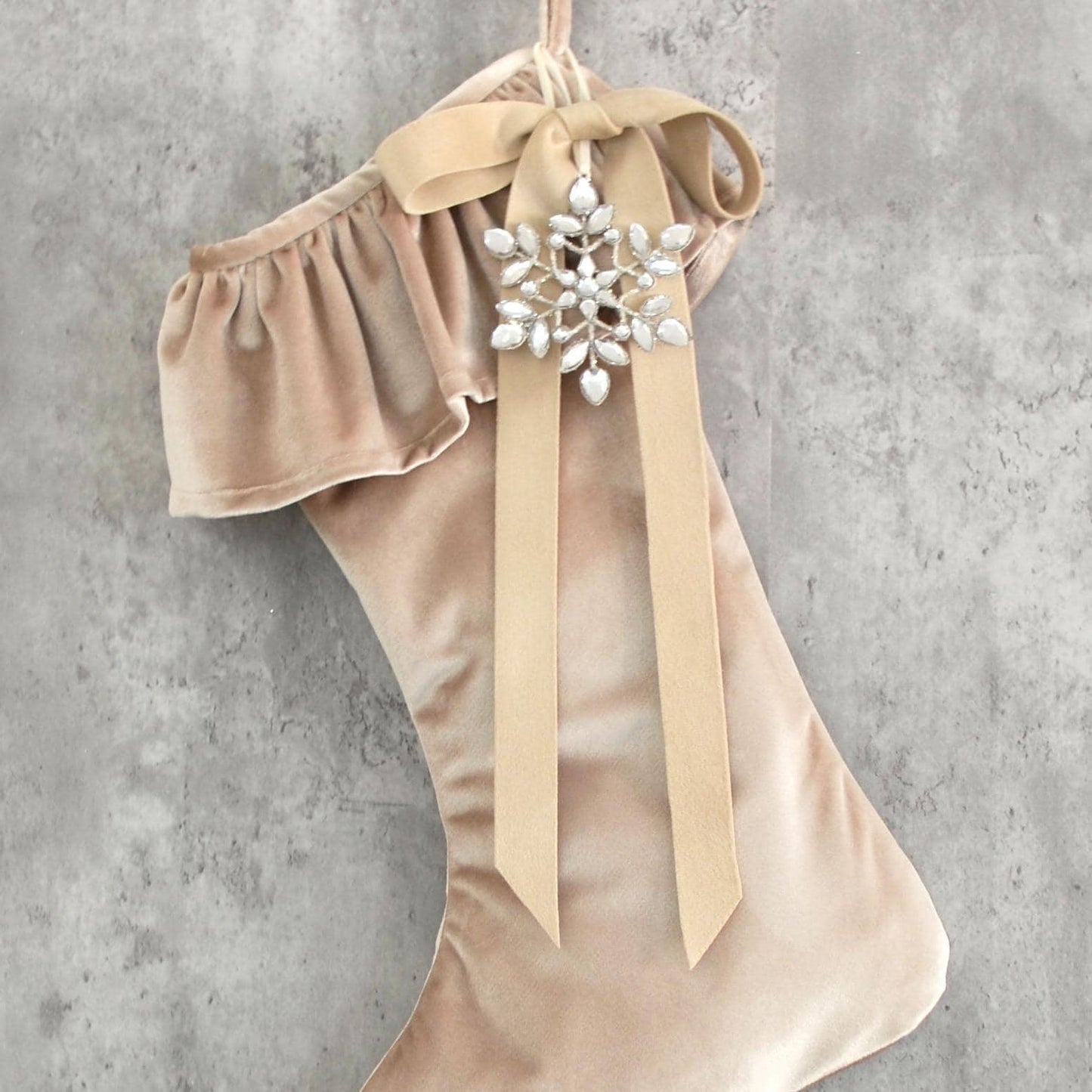 Warm Cream Velvet Christmas Stocking with Ruffle Cuff, Velvet Bow & Leaf Gem Snowflake Vintage Inspired