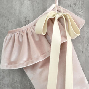 Velvet Christmas Stocking - Blush Pink Ruffle Stocking with Bow Embellishment