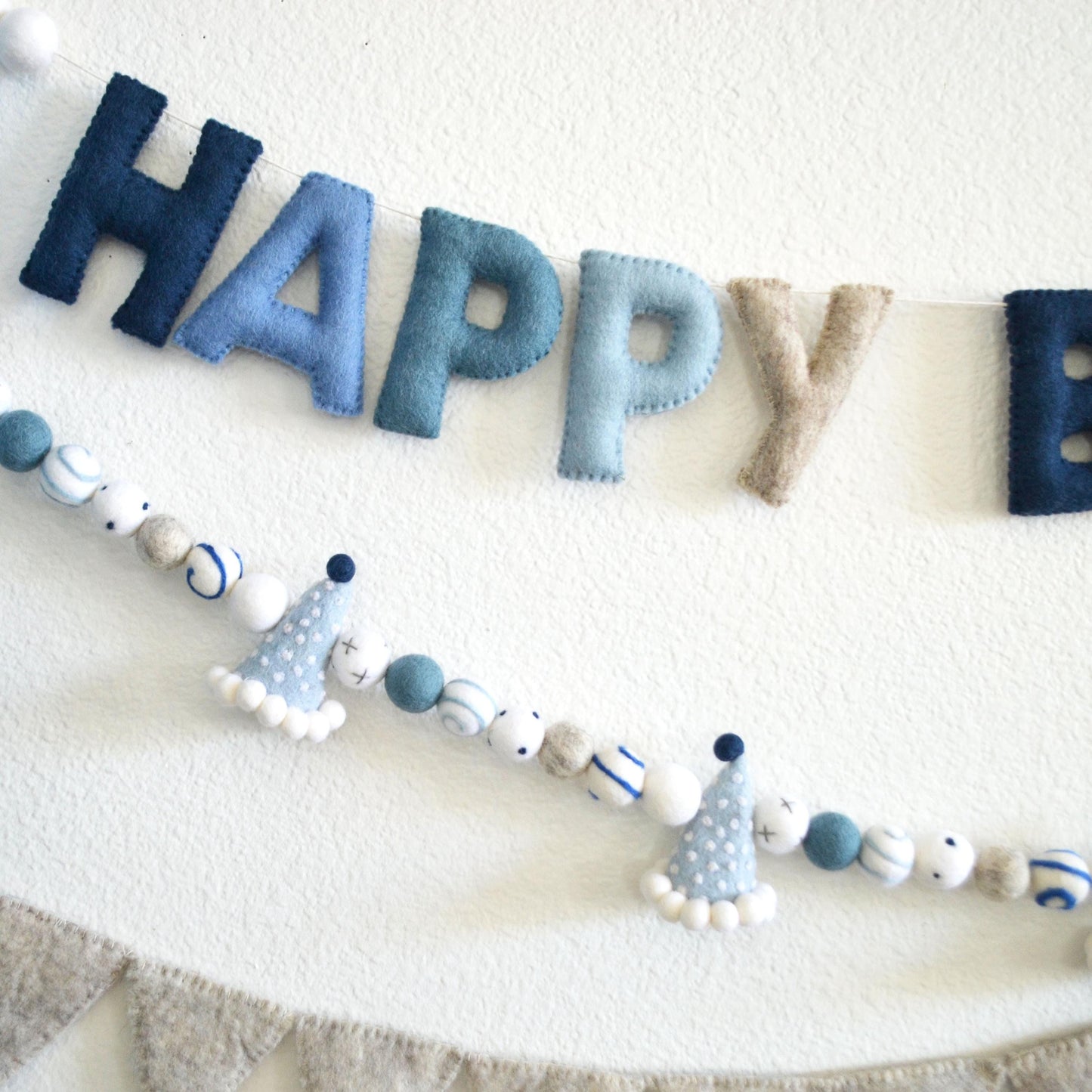 Blue Ombré Felt Happy Birthday Banner or Blue Party Hat Felt Ball Garland or Tan Pennant Banner