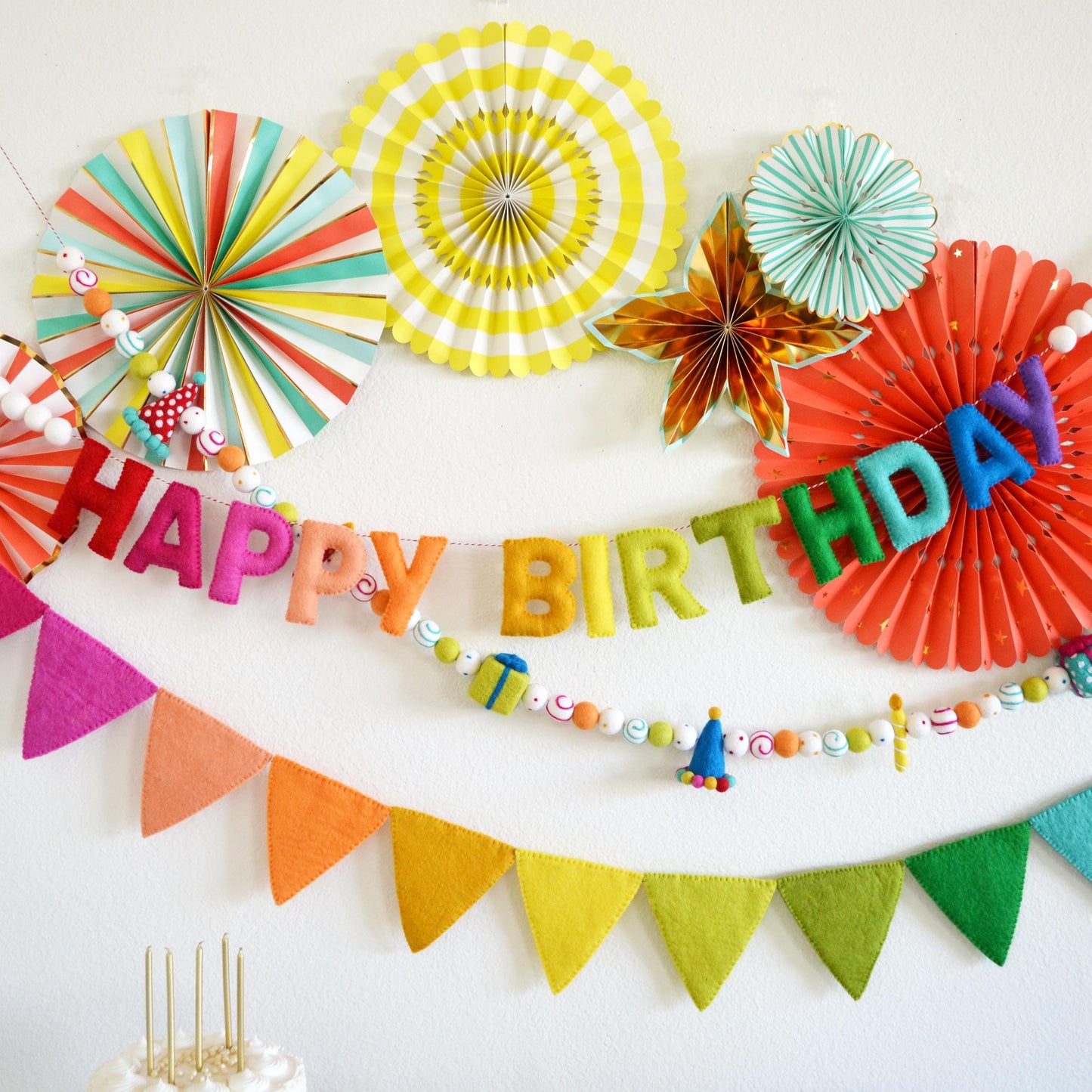 Reusable Happy Birthday Banner or Hat, Gift & Candle Felt Ball Garland or Rainbow Felt Pennants