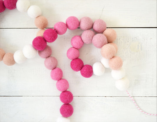 Valentines Felt Ball Garland - Felt Ball Garland, Valentines Decor, Pink Felt Garland, Pink Ombre Felt Garland, Pink Valentines Garland