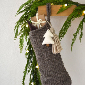 Hand Knit Chunky Wool Christmas Stocking with Wool Tassel & Felt Tree | Coffee Brown Cozy Knit Stocking | Chunky Knit Stocking Holiday Decor