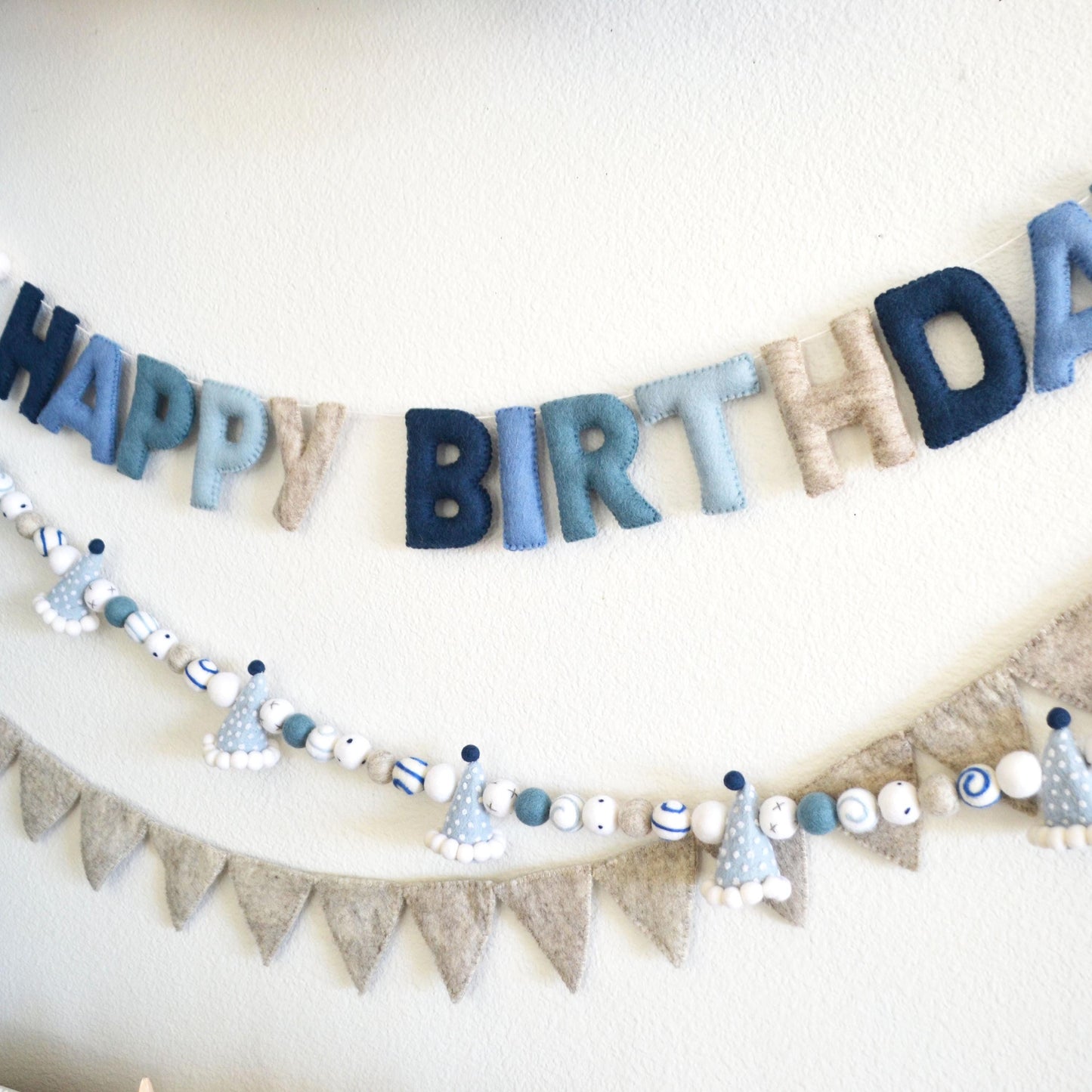 Blue Ombré Felt Happy Birthday Banner or Blue Party Hat Felt Ball Garland or Tan Pennant Banner