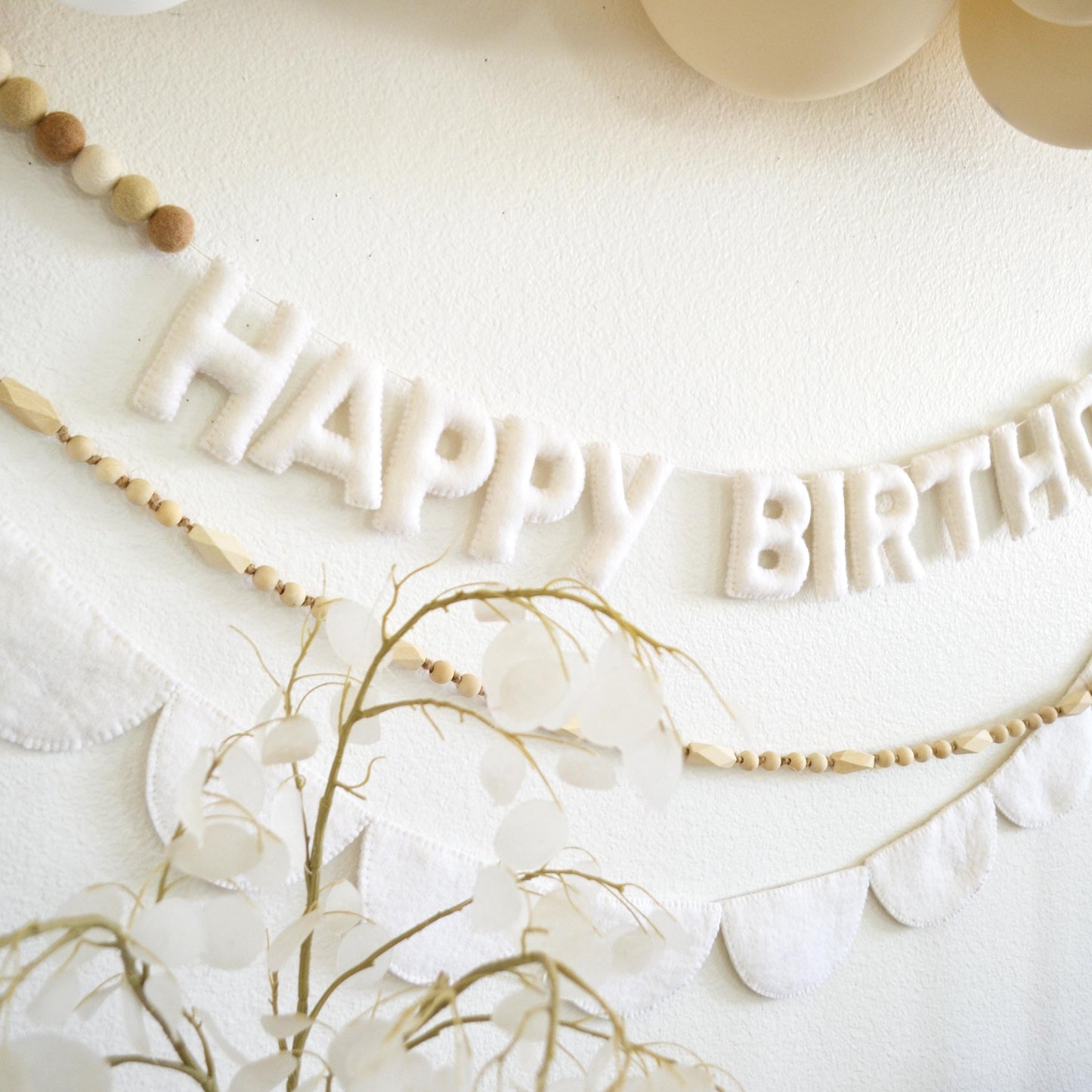 White Happy Birthday Felt Banner or Wood Bead Garland or Felt Scallop Banner