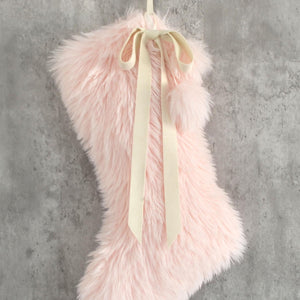 Baby Pink Faux Fur Christmas Stocking with Fur Pom Poms and Velvet Bow | Stockings For Girls | Babies first Christmas Stocking