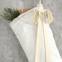 Snow White Faux Fur Christmas Stocking with Bow | Cozy Faux Fur Holiday Mantel Decor |  Neutral Winter White Christmas Stocking