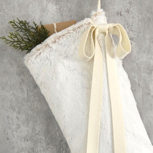 Snow White Faux Fur Christmas Stocking with Bow | Cozy Faux Fur Holiday Mantel Decor |  Neutral Winter White Christmas Stocking