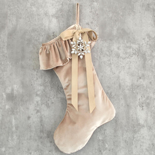 Warm Cream Velvet Christmas Stocking with Ruffle Cuff, Velvet Bow & Leaf Gem Snowflake Vintage Inspired