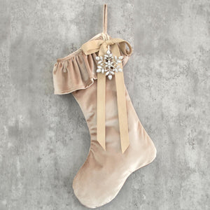 Warm Cream Velvet Christmas Stocking with Ruffle Cuff, Velvet Bow & Leaf Gem Snowflake Vintage Inspired