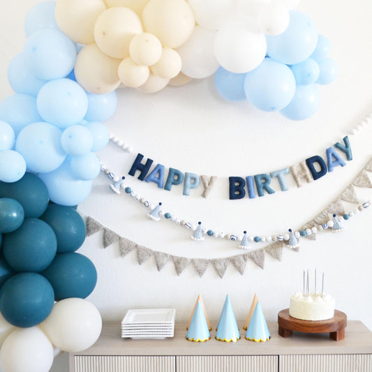 Blue Ombré Felt Happy Birthday Banner or Blue Party Hat Felt Ball Garland or Tan Pennant Banner