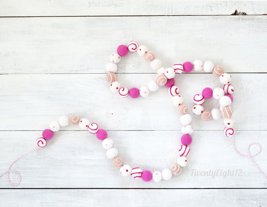 Valentines Garland - Valentines Swirl Felt Ball Garland, Felt Ball Garland, Pink Felt Ball Garland, Pink Felt Balls, Valentines Decor