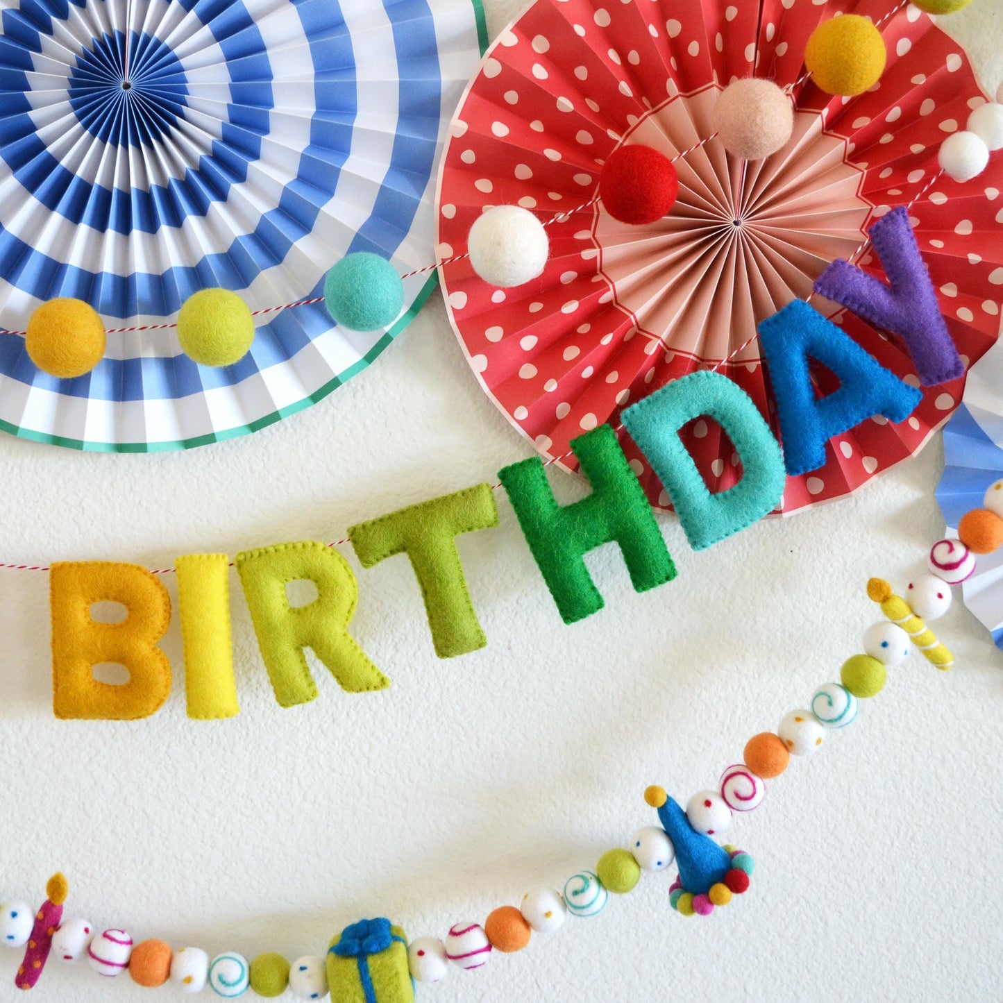 Rainbow 4cm Felt Ball Garland, Happy Birthday Banner and Hat Gift & Candle Felt Garland Bundle