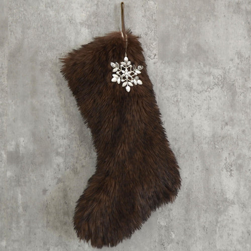 Chocolate Brown Faux Fur Christmas Stocking | Cozy Faux Fur Holiday Cabin Christmas Stocking | Neutral Moody Christmas Decor | Rustic Decor