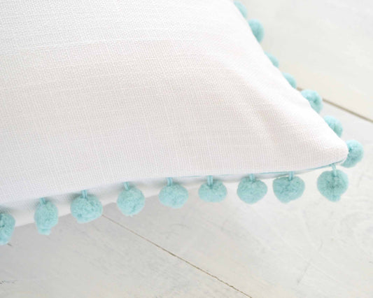 Aqua Blue Pom Pom Pillow Cover -  12" x 20" - Decorative Pillow, Throw Pillow, Pom Pom Pillow Cover, Kids Room Decor, Kid Pillow, Boy Pillow