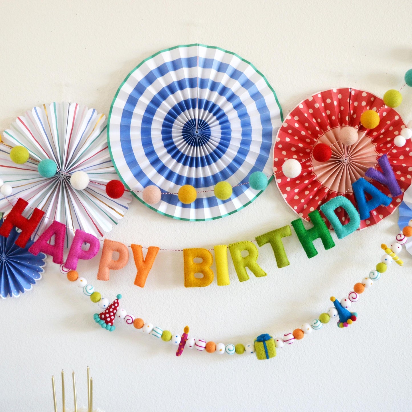 Rainbow 4cm Felt Ball Garland, Happy Birthday Banner and Hat Gift & Candle Felt Garland Bundle